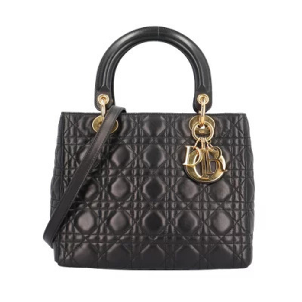 Christian Dior Lady Cannage Shoulder Bag Leather Black